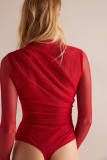 SC Solid Color Mesh Ruched Long Sleeve Bodysuit GOLB-SU4216