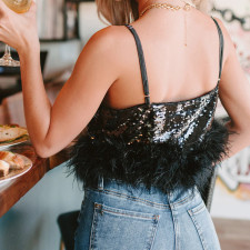 SC Deep V Neck Feather Edge Sequin Sling Vest GOLB-SU4255
