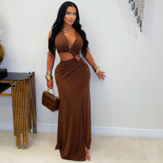 SC Hollow-Out Twist Deep V-Neck Split Evening Dress GZIY-6351