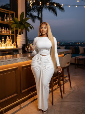 SC Long Sleeve Ruched Solid Two Piece Skirts Set SFY-828
