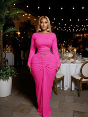 SC Long Sleeve Ruched Solid Two Piece Skirts Set SFY-828