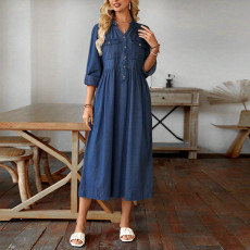 SC Plus Size Denim Stand Collar Button-Up Long Sleeve Dress GDAM-218523