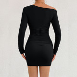 SC Long Sleeve Slash Neck Ruched Mini Dress YMYF-9553
