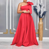 SC Plus Size Slash Shoulder Bow Maxi Dress GCZF-8613