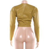 SC Solid Color Ruched Leather Coats DLSF-K25L88954