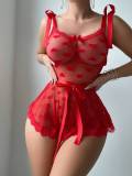 SC Red Heart Mesh Irregular Pearl Backless Nightgown Set YQ-W885