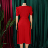 SC Plus Size V Neck Ruched Midi Dress GCZF-8616