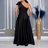 SC Plus Size Slash Shoulder Bow Maxi Dress GCZF-8613