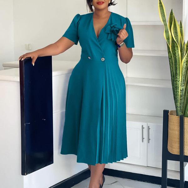 SC Plus Size Solid Color Press Size Midi Dress GCZF-8628