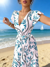 SC Print Short Sleeve Tie Up Maxi Dress GYOU-606