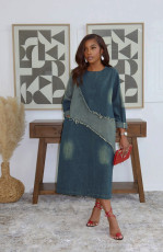 SC Contrast-Color Patchwork Loose Denim Midi Dress GYLN-0607