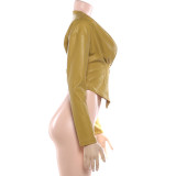 SC Solid Color Ruched Leather Coats DLSF-K25L88954