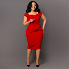 SC Plus Size Solid Color Short Sleeve Pencil Dress GCZF-8529