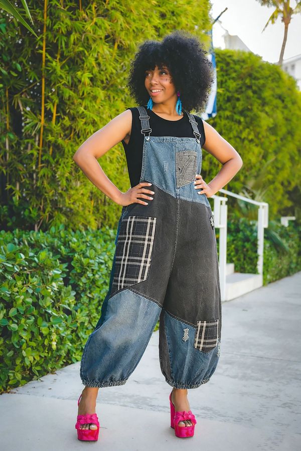SC Plus Size Contrast Color Hoels Denim Patchwork Overalls GYLN-8879
