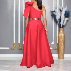 SC Plus Size Slash Shoulder Bow Maxi Dress GCZF-8613