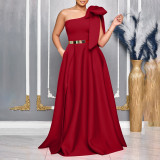 SC Plus Size Slash Shoulder Bow Maxi Dress GCZF-8613