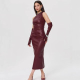 SC Slash Shoulder Leather Tight Split Midi Dress GPBY-17136