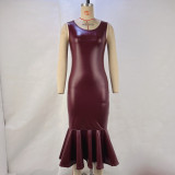 SC PU Leather Sleeveless Ruched Fishtail Dress GPBY-14772