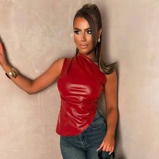 SC Sleeveless Slash Shoulder PU Leather Tops GPBY-ST252