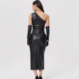 SC Slash Shoulder Leather Tight Split Midi Dress GPBY-17136