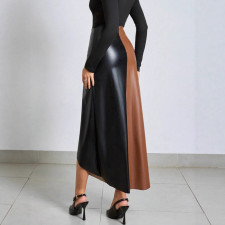 SC PU Color Blcok Zipper Long Skirt GPBY-SK733