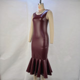 SC PU Leather Sleeveless Ruched Fishtail Dress GPBY-14772