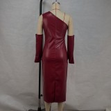 SC Slash Shoulder Leather Tight Split Midi Dress GPBY-17136