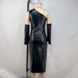 SC Slash Shoulder Leather Tight Split Midi Dress GPBY-17136