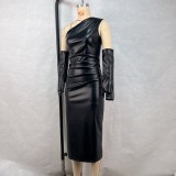 SC Slash Shoulder Leather Tight Split Midi Dress GPBY-17136