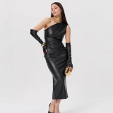 SC Slash Shoulder Leather Tight Split Midi Dress GPBY-17136