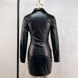 SC Long Sleeve Pleated Leather Mini Dress GPBY-DS171