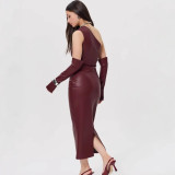 SC Slash Shoulder Leather Tight Split Midi Dress GPBY-17136