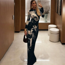 SC Long Sleeve Print Slim Maxi Dress XEF-K25D76745