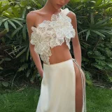 SC Backless Sequin-Tie Top Split Solid-Color Skirt Set XEF-K24S59873