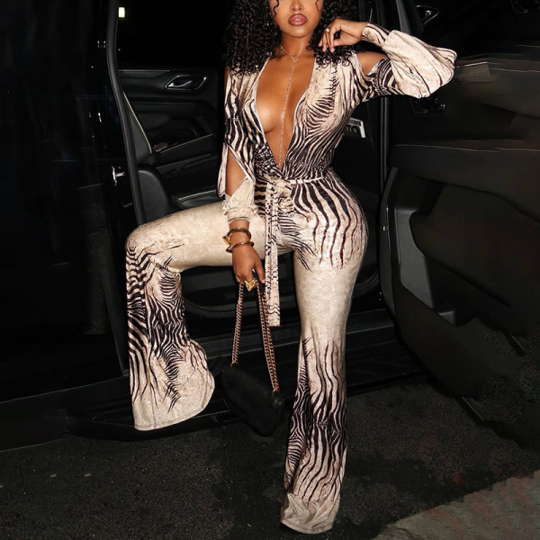 SC Deep V Neck Long Sleeve Print Jumpsuit XEF-K25S89517