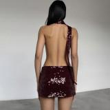 SC Deep V Neck Halterneck Backless Mini Dress XEF-K24D61283
