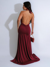 SC Halterneck Deep V Neck Ruched Split Maxi Dress SFY-631