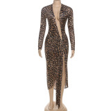 SC Leopard Print Deep V Neck Split Maxi Dress XEF-K25D76878