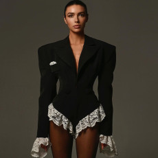 SC V Neck Lace Patchwork Long Sleeve Bodysuit XEF-K24K52760
