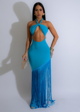 SC Halterneck Hollow Out Tassel Maxi Dress GTYZ-7526