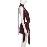 SC Deep V Neck Halterneck Backless Mini Dress XEF-K24D61283