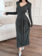SC V Neck Long Sleeve Tie Up Maxi Dress GZJF-10207