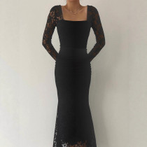 SC Lace Patchwork Square Neck Ruched Long Dress GZJF-10191