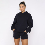 SC Solid Color Hooded Sweatshirt Two Piece Shorts Set SSNF-211280