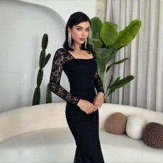 SC Lace Patchwork Square Neck Ruched Long Dress GZJF-10191