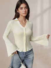 SC Single-breasted Flare Sleeve Solid-color Top GZJF-2643