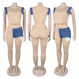 SC Denim Patchwork Short Sleeve Two Piece Shorts Set GTYZ-7552