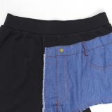 SC Denim Patchwork Short Sleeve Two Piece Shorts Set GTYZ-7552