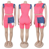 SC Denim Patchwork Short Sleeve Two Piece Shorts Set GTYZ-7552