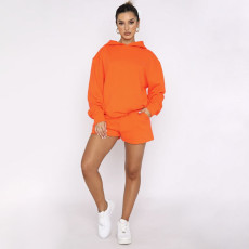 SC Solid Color Hooded Sweatshirt Two Piece Shorts Set SSNF-211280